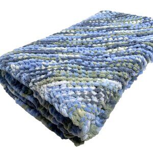 Handmade Chunky Chenille Knit Throw Blanket Blue Green Variegated 50 x 35